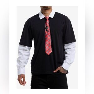 NWT Hot Topic Black & White Collar Twofer Long-Sleeve Top With Tie